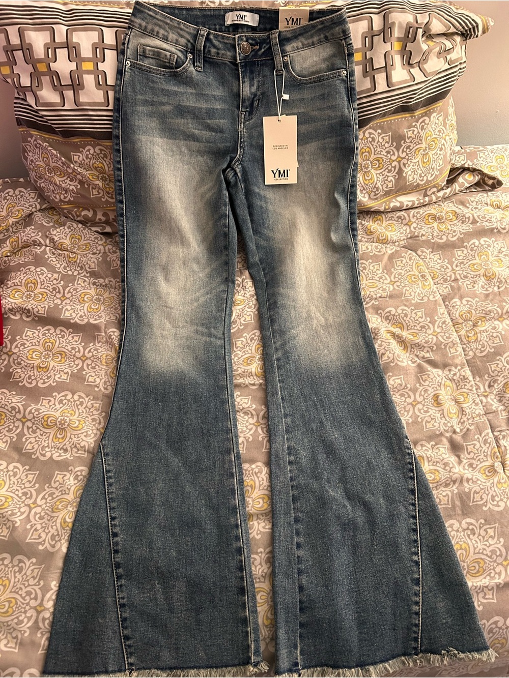 YMI Women's Faded Blue High-Rise Flare Jeans with Raw Hem
